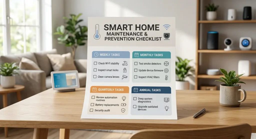 Smart home maintenance checklist infographic showing monthly tasks to prevent device communication failures