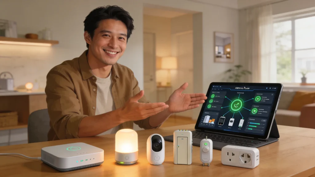Smart home owner viewing a fully operational Home Assistant dashboard after completing Zigbee and Z-Wave network migration successfully