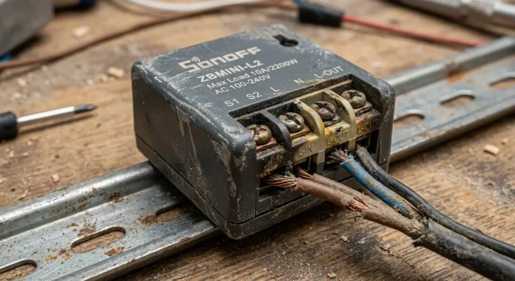 Smart home relay device with visible hardware components that can degrade and cause unresponsive behavior despite successful automation logs