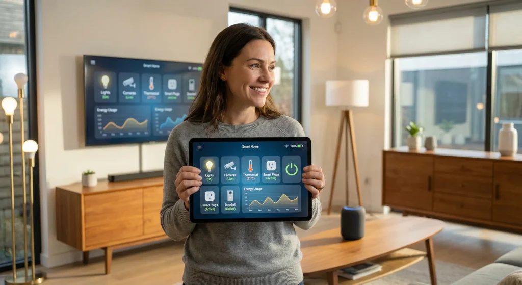 Smart home user with fully connected device dashboard after successful router firmware update
