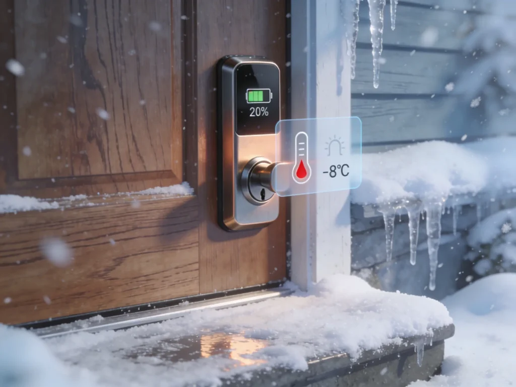 Smart lock installed on a wooden front door during winter with snow visible, illustrating cold weather impact on battery performance