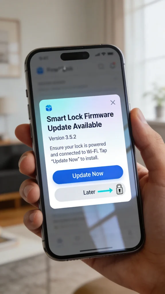 Smart lock mobile app displaying a firmware update notification with version details and update instructions