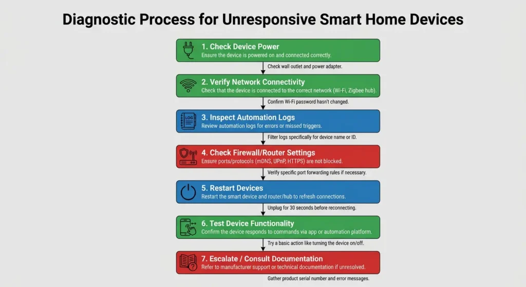 Step-by-step diagnostic flowchart for troubleshooting smart home devices that do not respond despite successful automation logs