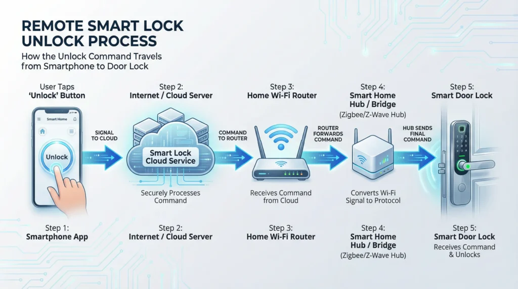 Step by step flow chart showing how a remote unlock command travels from smartphone through cloud server, Wi-Fi router, hub, and finally to the smart lock