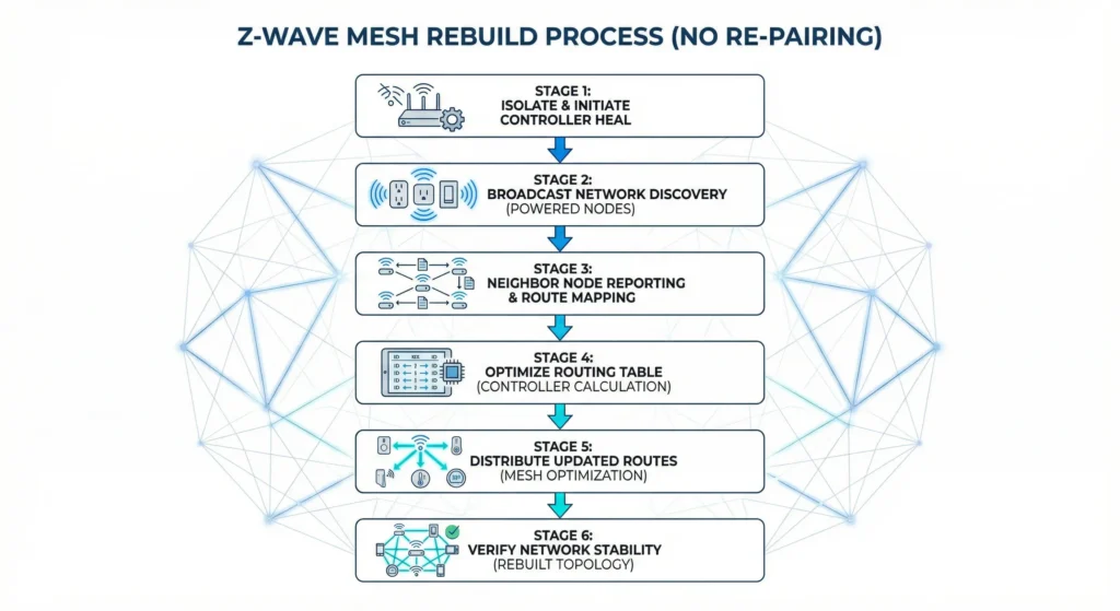 Step-by-step flowchart for rebuilding a corrupted Z-Wave mesh network without re-pairing devices