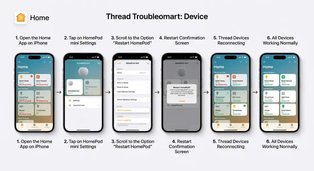 Step by step iPhone screenshots showing how to restart HomePod and fix Thread devices after firmware update