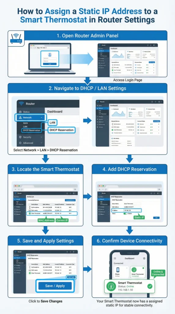 Step by step visual guide for assigning static IP address to smart thermostat in router settings