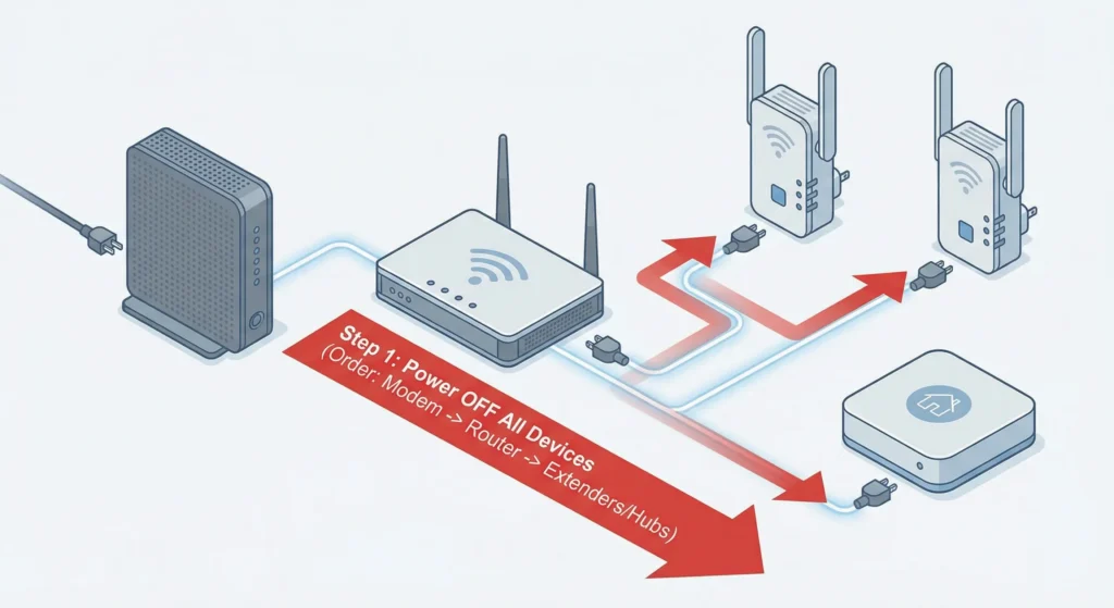 Step-by-step visual guide showing the correct order to power cycle network equipment to minimize smart home automation delays