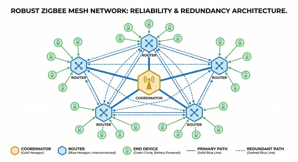 Strong Zigbee mesh network with multiple routers preventing battery sensor disconnection after DST changes