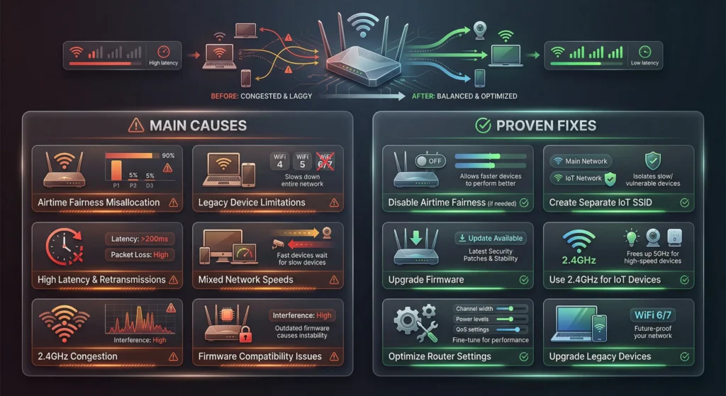 Summary infographic of why Airtime Fairness breaks older smart switches, showing the 7 causes and 5 proven fixes