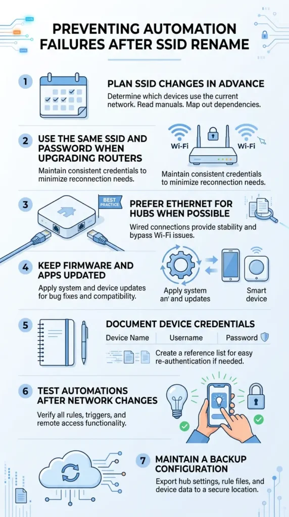 Summary infographic showing best practices to prevent smart home automation failures when renaming WiFi SSID