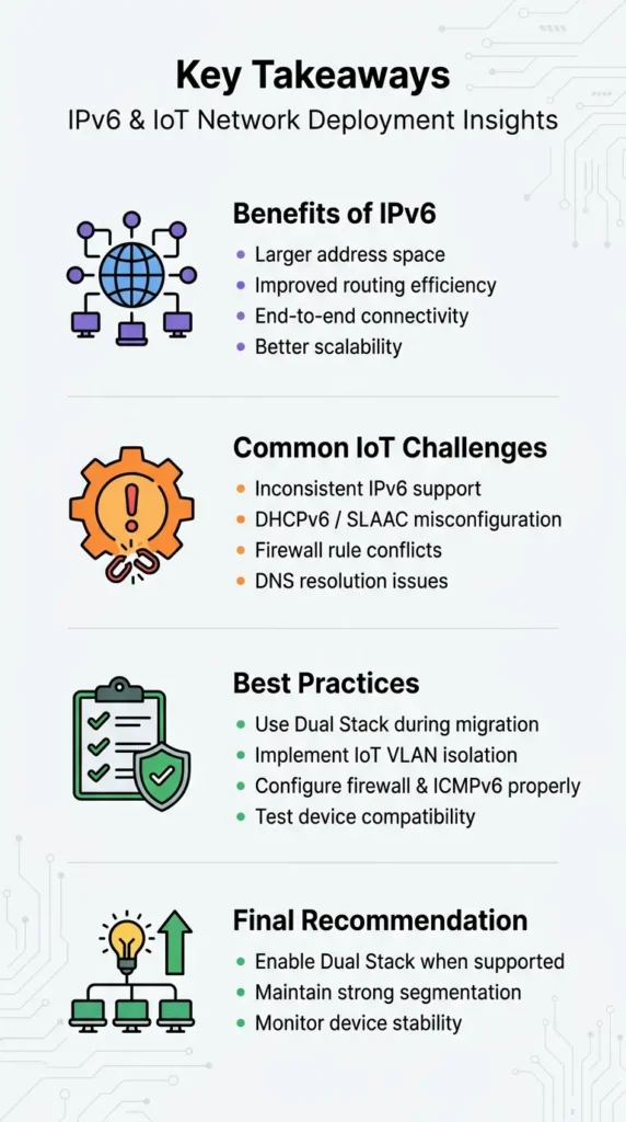 Summary infographic showing key solutions for fixing IoT failures caused by IPv6 including network segmentation and firmware updates