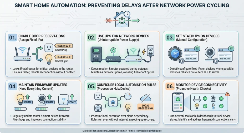 Summary infographic showing key strategies to prevent smart home automation delays after power cycling your network