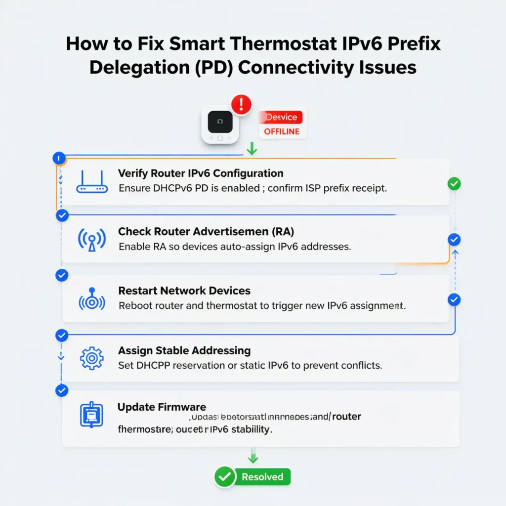 Summary infographic showing the main solutions for fixing smart thermostat IPv6 PD connectivity issues
