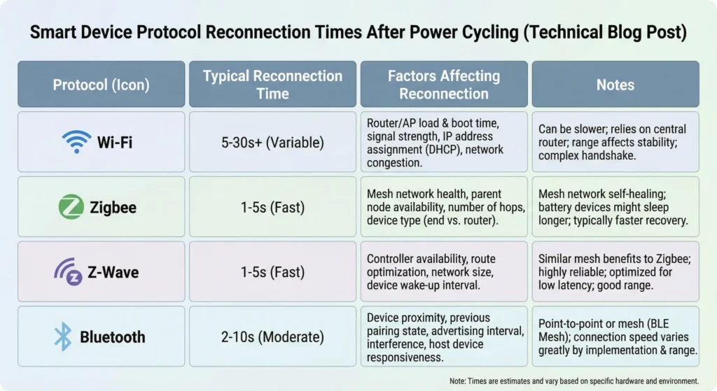 Table comparing reconnection times after power cycling for Wi-Fi, Zigbee, Z-Wave, and Bluetooth smart devices