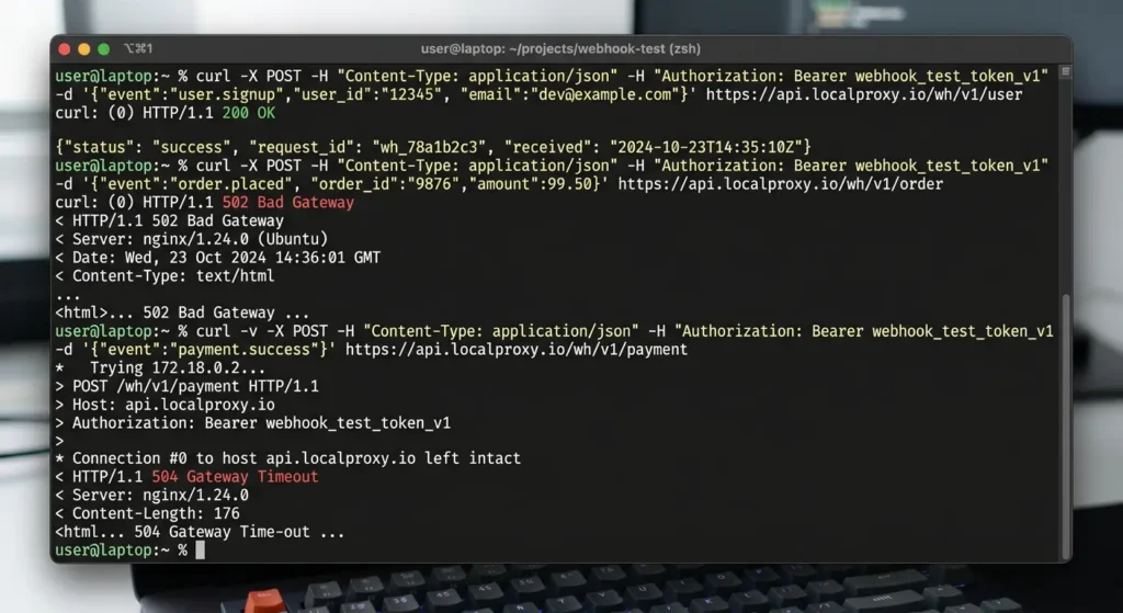 Terminal showing curl test commands for verifying webhook delivery through a reverse proxy configuration