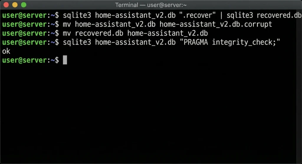 Terminal window displaying SQLite database recovery commands for Home Assistant with successful output