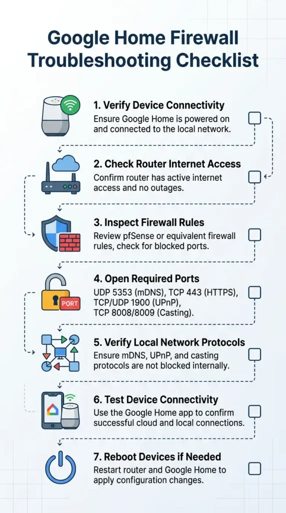 Troubleshooting checklist for fixing Google Home issues caused by strict firewall rules