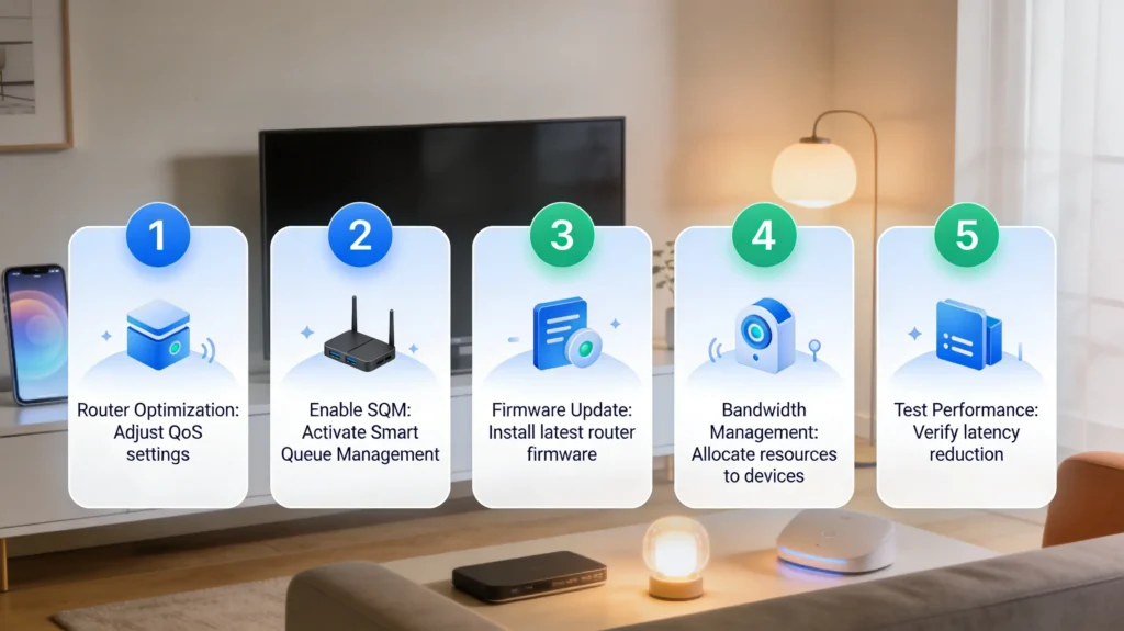 Ultra-realistic five-step action plan infographic for fixing bufferbloat to improve smart home device 