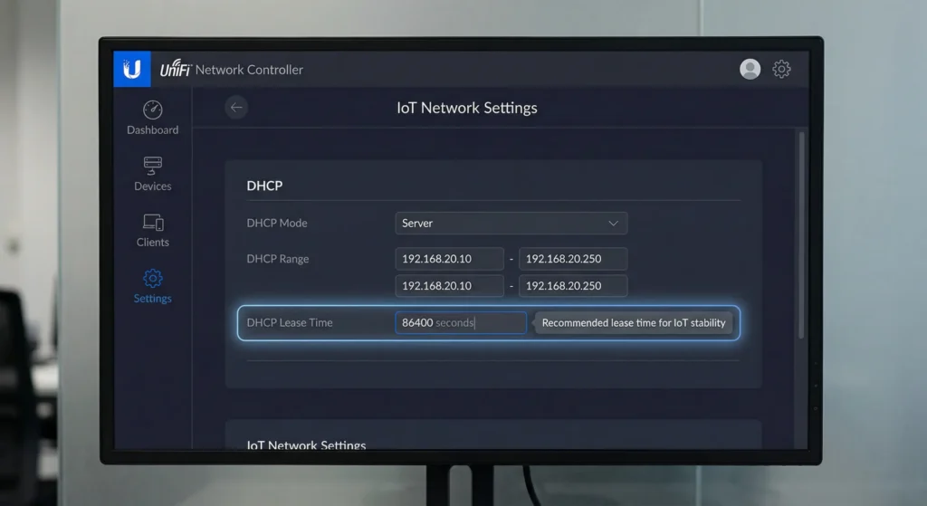 UniFi Network Application DHCP settings page with lease time configured to 604800 seconds for IoT device stability