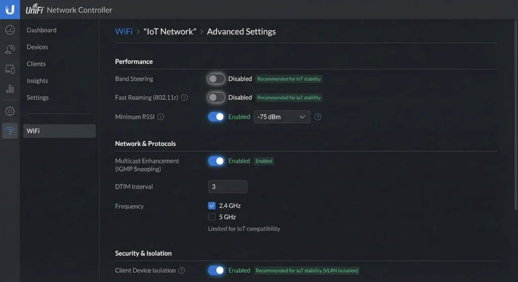 UniFi WiFi advanced settings configured for IoT compatibility with band steering disabled, PMF disabled, and 2.4GHz only selected