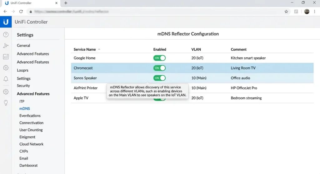 UniFi controller mDNS reflector configuration for cross VLAN Google Home device discovery