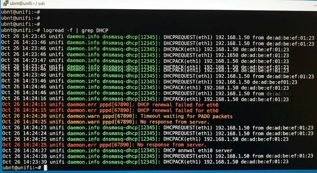 UniFi gateway SSH terminal displaying DHCP log entries showing failed renewal attempts from IoT device MAC address