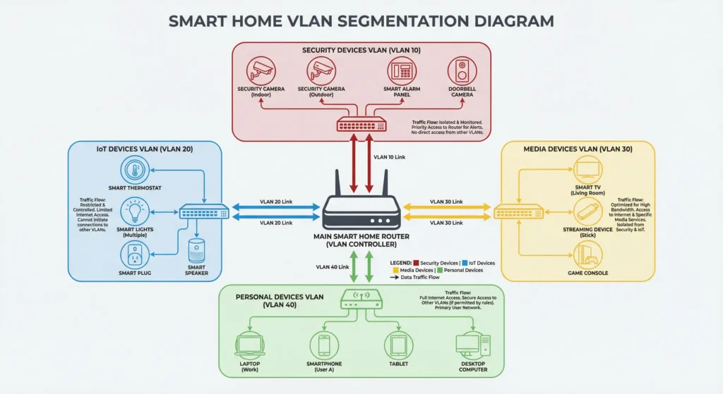 VLAN network segmentation diagram for smart home showing separate virtual networks for security cameras, IoT devices, media streaming, and personal devices