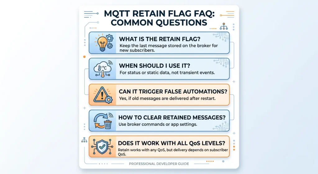 Visual FAQ summary card answering common questions about MQTT retain flag and outdated automation triggers