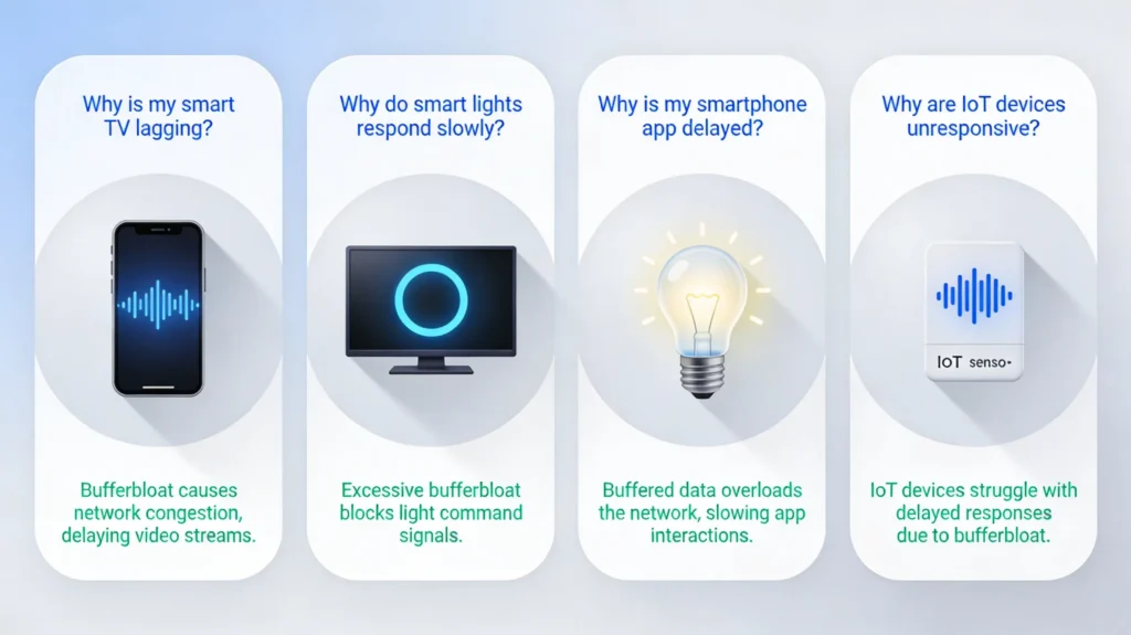 Visual FAQ summary with icons representing common questions about bufferbloat effects on smart home devices