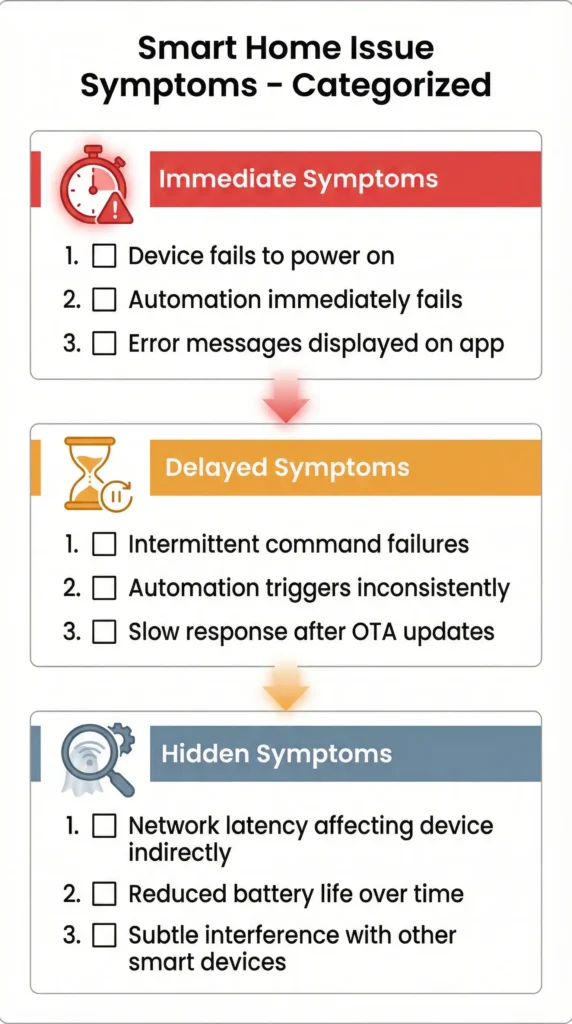 Visual checklist of Zigbee OTA firmware update failure symptoms organized by immediate delayed and hidden categories