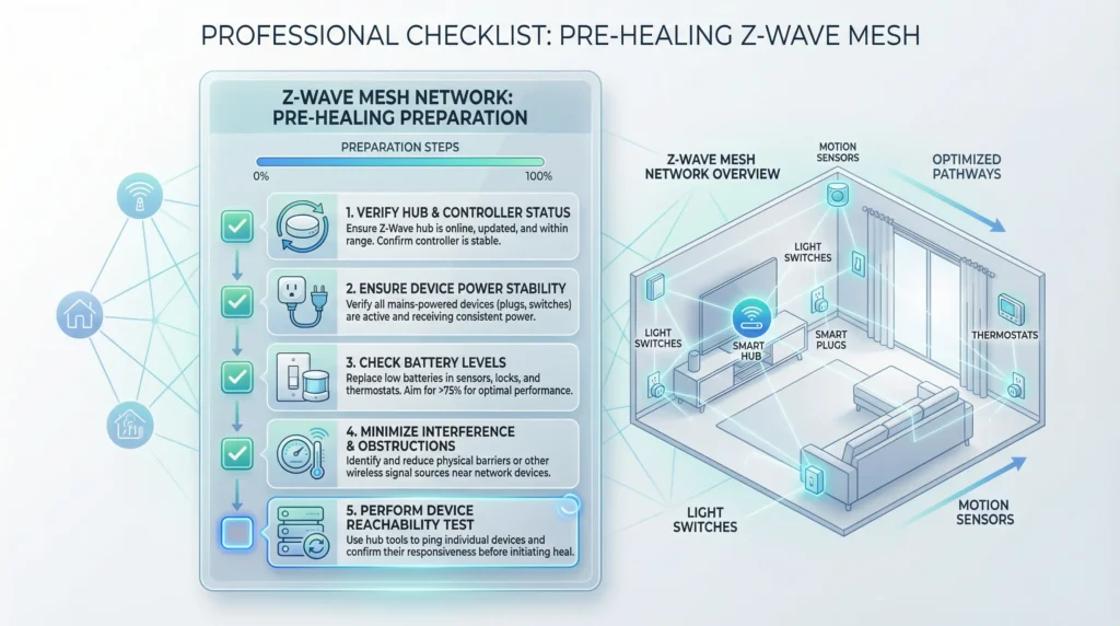 Visual checklist of preparation steps before rebuilding a Z-Wave mesh network including backup and device verification