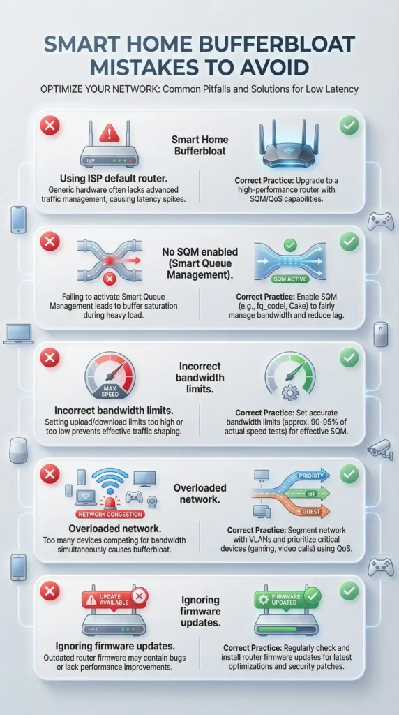 Visual checklist of six common mistakes to avoid when fixing bufferbloat for smart home network optimization