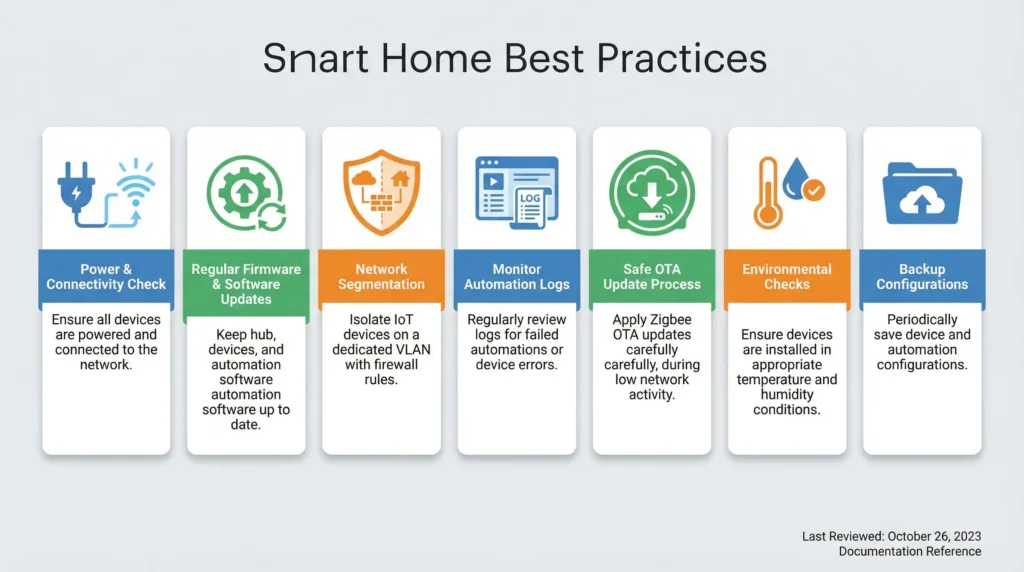 Visual summary card of best practices for managing Zigbee OTA firmware updates safely in smart home environments
