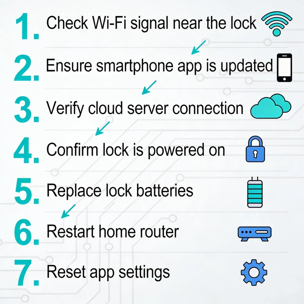 Visual troubleshooting checklist for fixing smart lock remote access failures with seven numbered steps