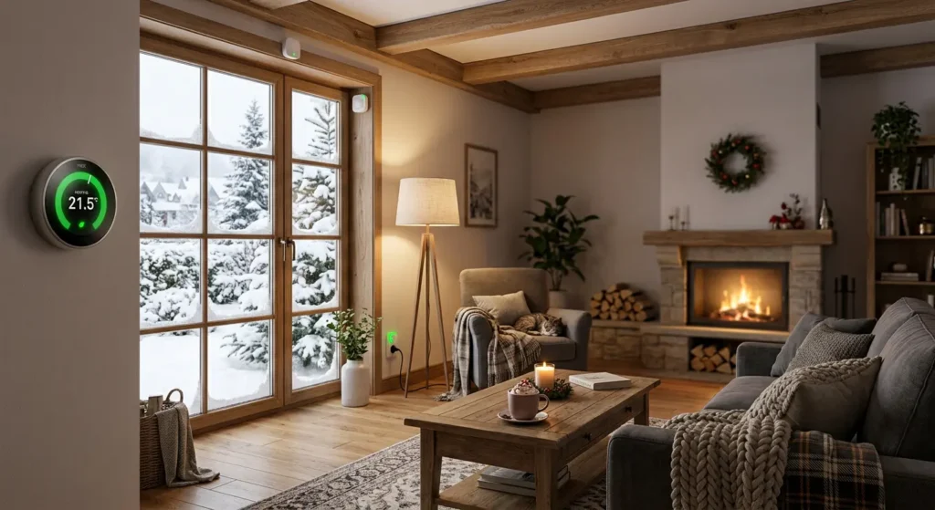 Warm European home interior during winter with stable Zigbee smart home devices showing connected status