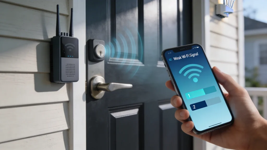 Wi-Fi analyzer app displaying weak signal strength near the front door where a smart lock bridge is installed