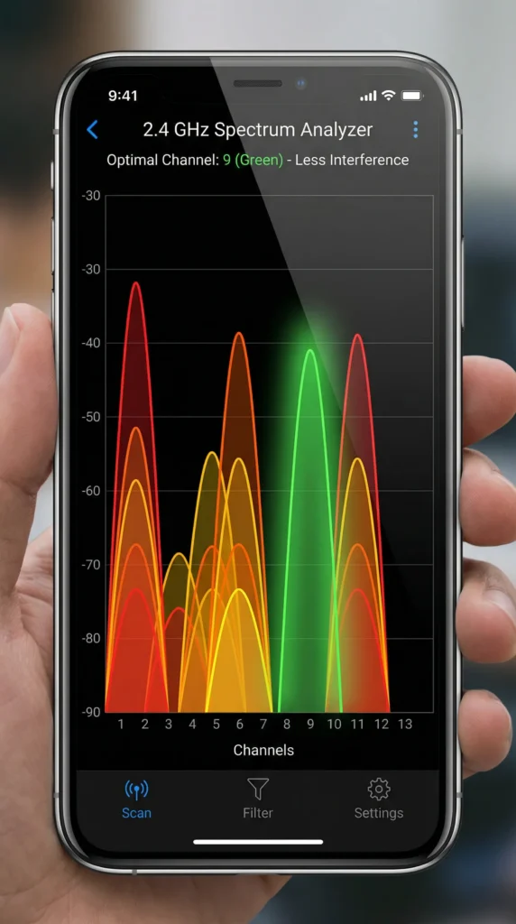 Wi-Fi analyzer tool displaying 2.4 GHz channel usage to help select the best channel for avoiding Zigbee interference