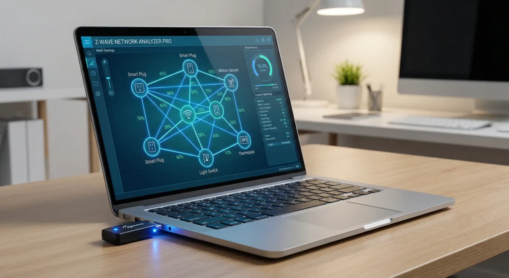 Z-Wave USB diagnostic stick connected to a laptop running Z-Wave network analysis software for advanced mesh troubleshooting