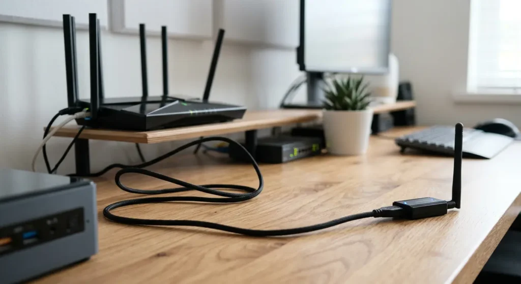 Zigbee USB coordinator connected with a USB extension cable placed at safe distance from Wi-Fi router to reduce interference