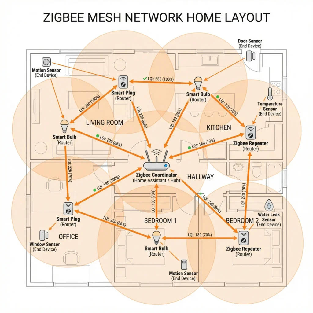 Zigbee devices poor routing paths dense homes