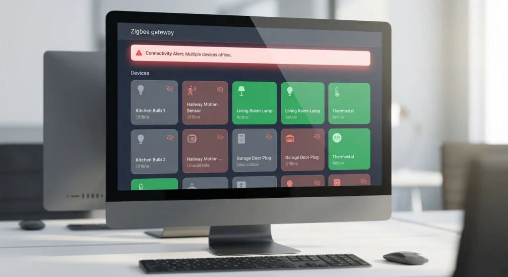 Zigbee gateway dashboard displaying devices going offline due to Wi-Fi interference from guest network activation