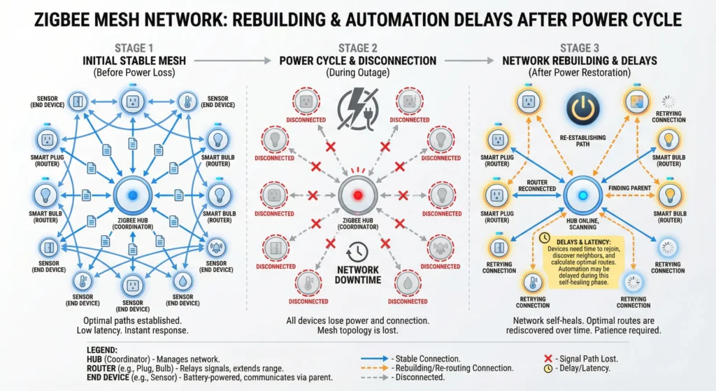 Zigbee mesh network diagram showing how devices relay signals and why rebuilding takes time after a power cycle