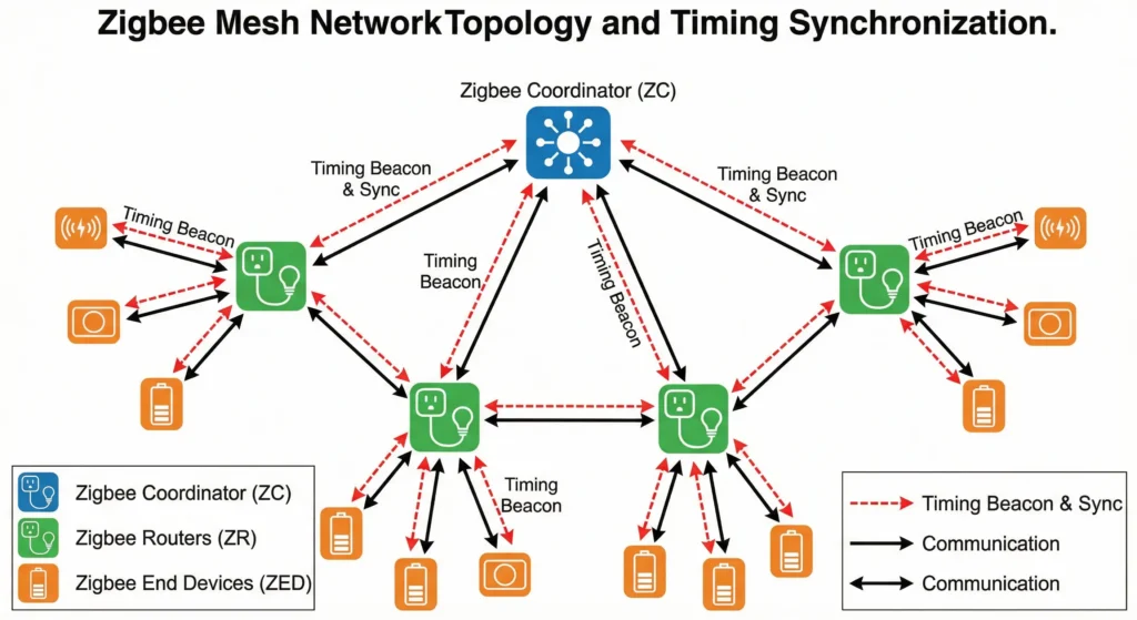 Zigbee mesh network diagram showing timing synchronization between coordinator and battery-powered end devices during DST