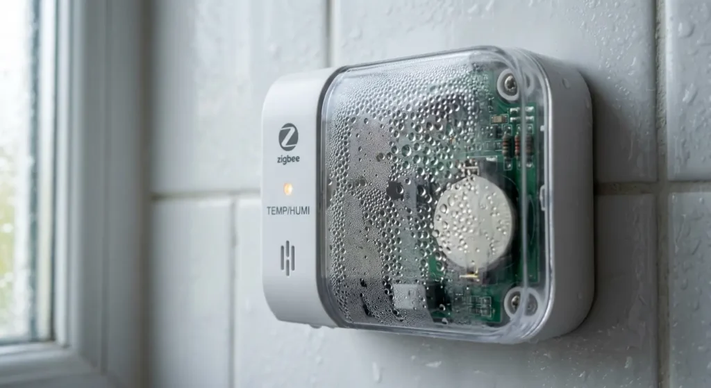 Zigbee motion sensor showing condensation buildup inside the plastic housing during cold weather