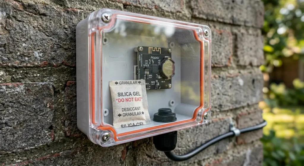 Zigbee temperature sensor installed inside IP65 weatherproof enclosure with silica gel desiccant for cold weather protection