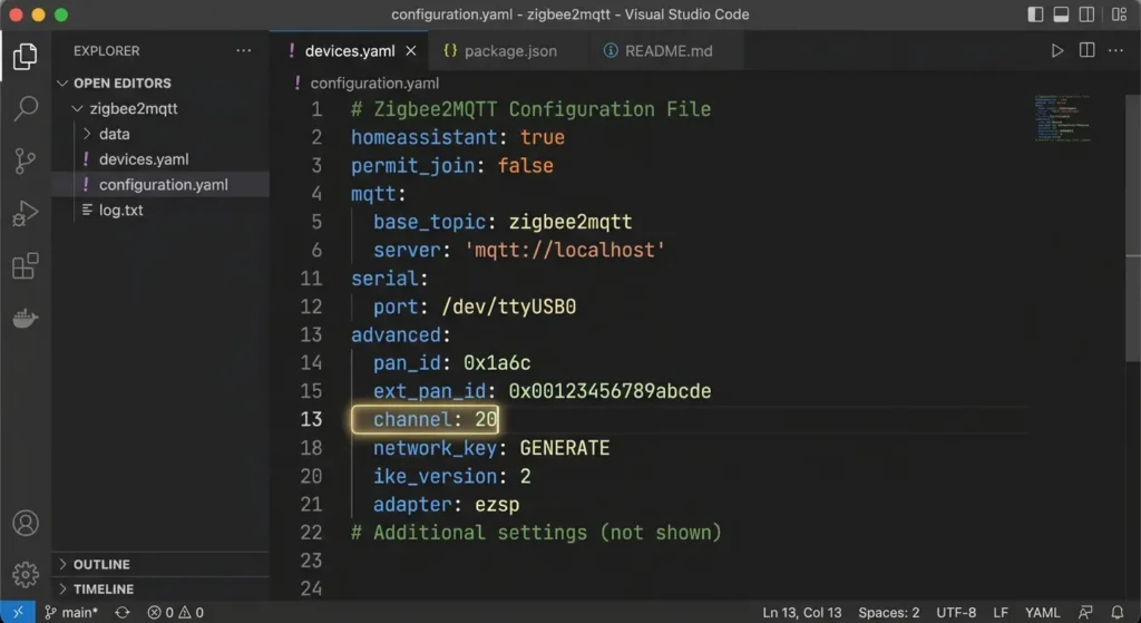 Zigbee2MQTT configuration file showing how to change the Zigbee channel to avoid Wi-Fi interference