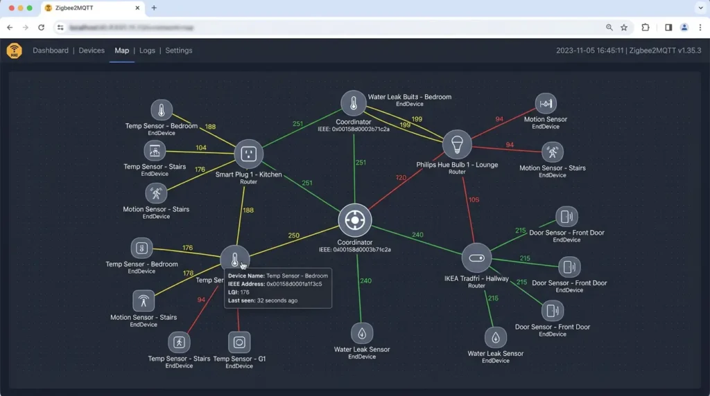 Zigbee2MQTT network map displaying mesh topology with LQI values for diagnosing cold weather connectivity issues