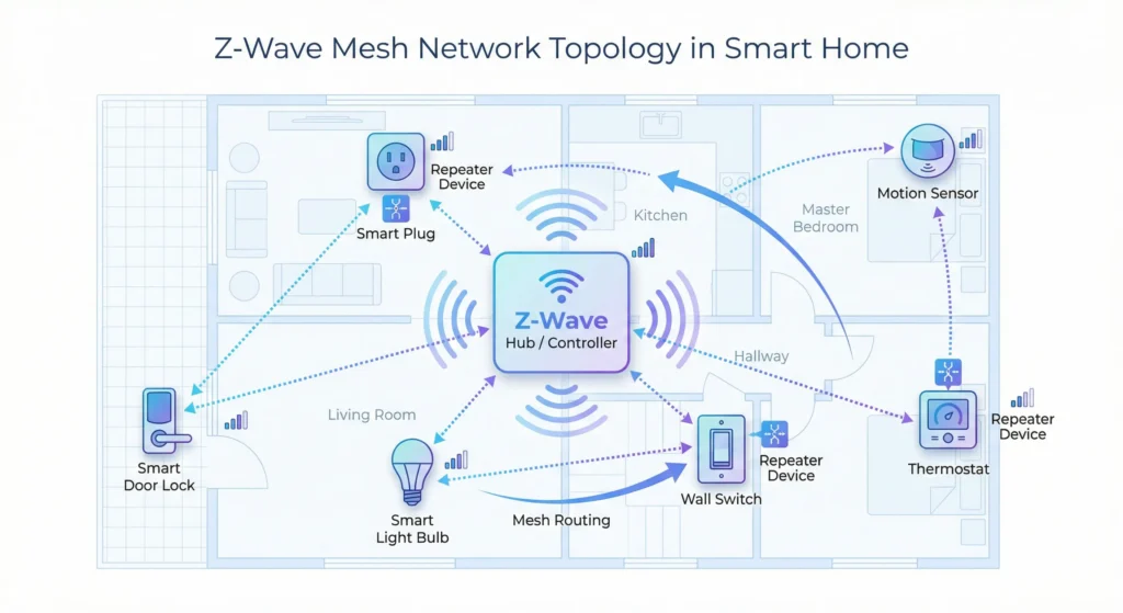 Z‑Wave mesh network topology with hub, repeaters, and end devices illustrating signal paths