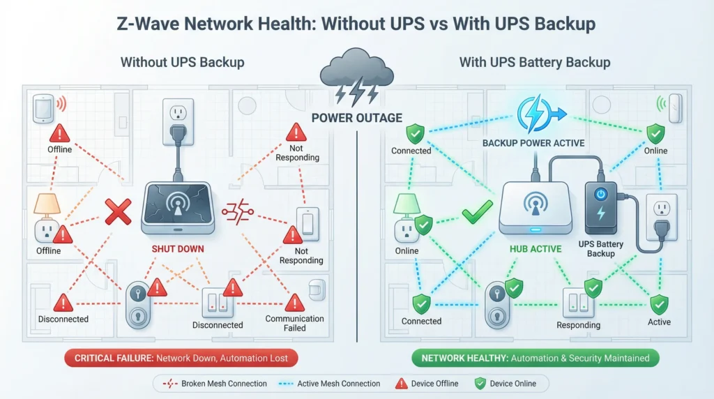 Z‑Wave network health comparison showing device connectivity before and after UPS interference